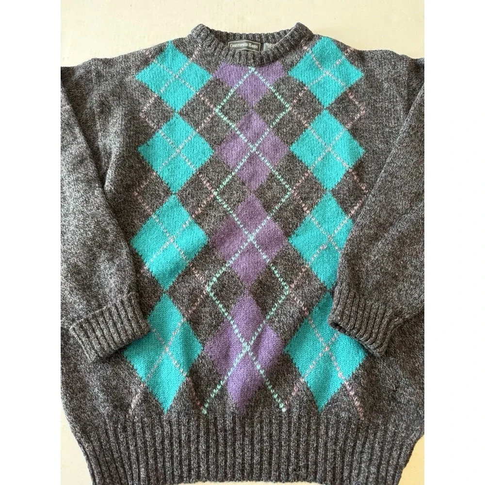 Christopher Hayes Wool Sweater Mens Large Argyle Diamond Made in Ireland Vintage